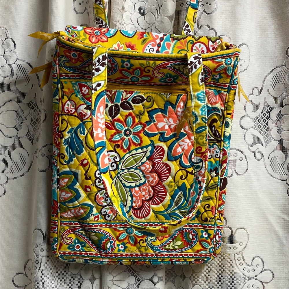 Vera Bradley Yellow Quilted Floral Laptop Tote with Multicolor Paisley